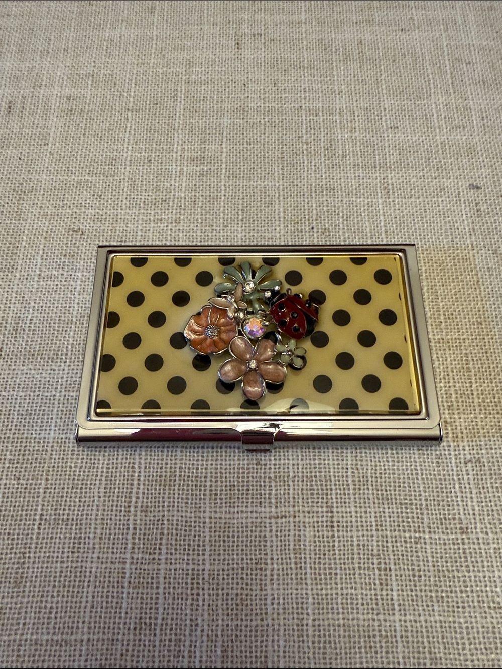 Polka Dot Floral Ladybug Business Card Holder and mirror - Like New!